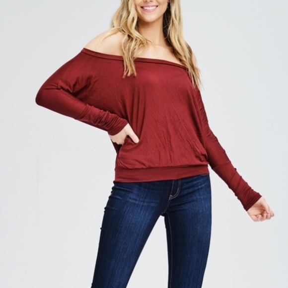 Tops - Burgundy Off Shoulder Boat Neck Long Sleeve Top